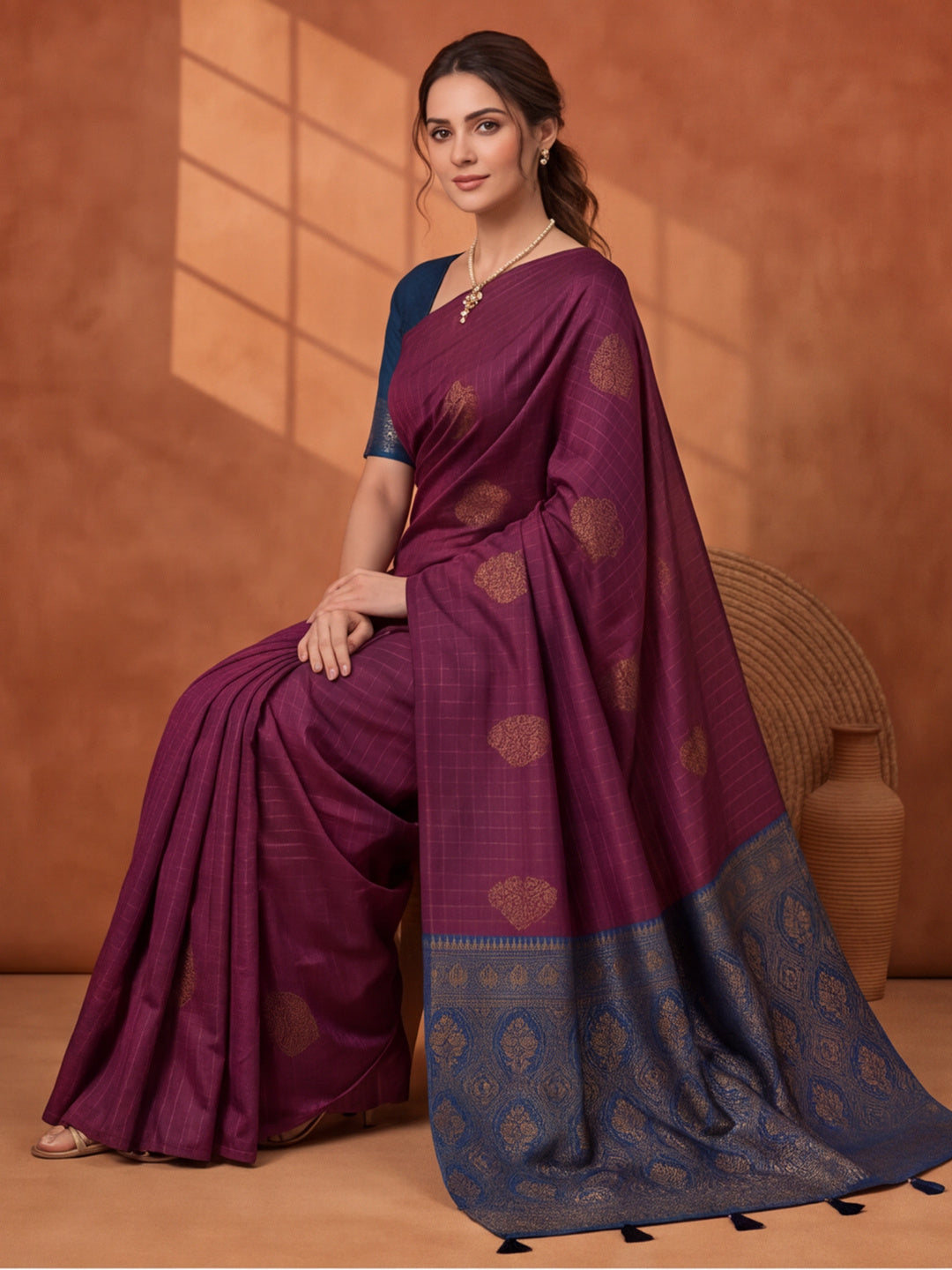 Women Wine Banarasi Silk Blend Saree with Zari Butti Woven Pallu and Tassels