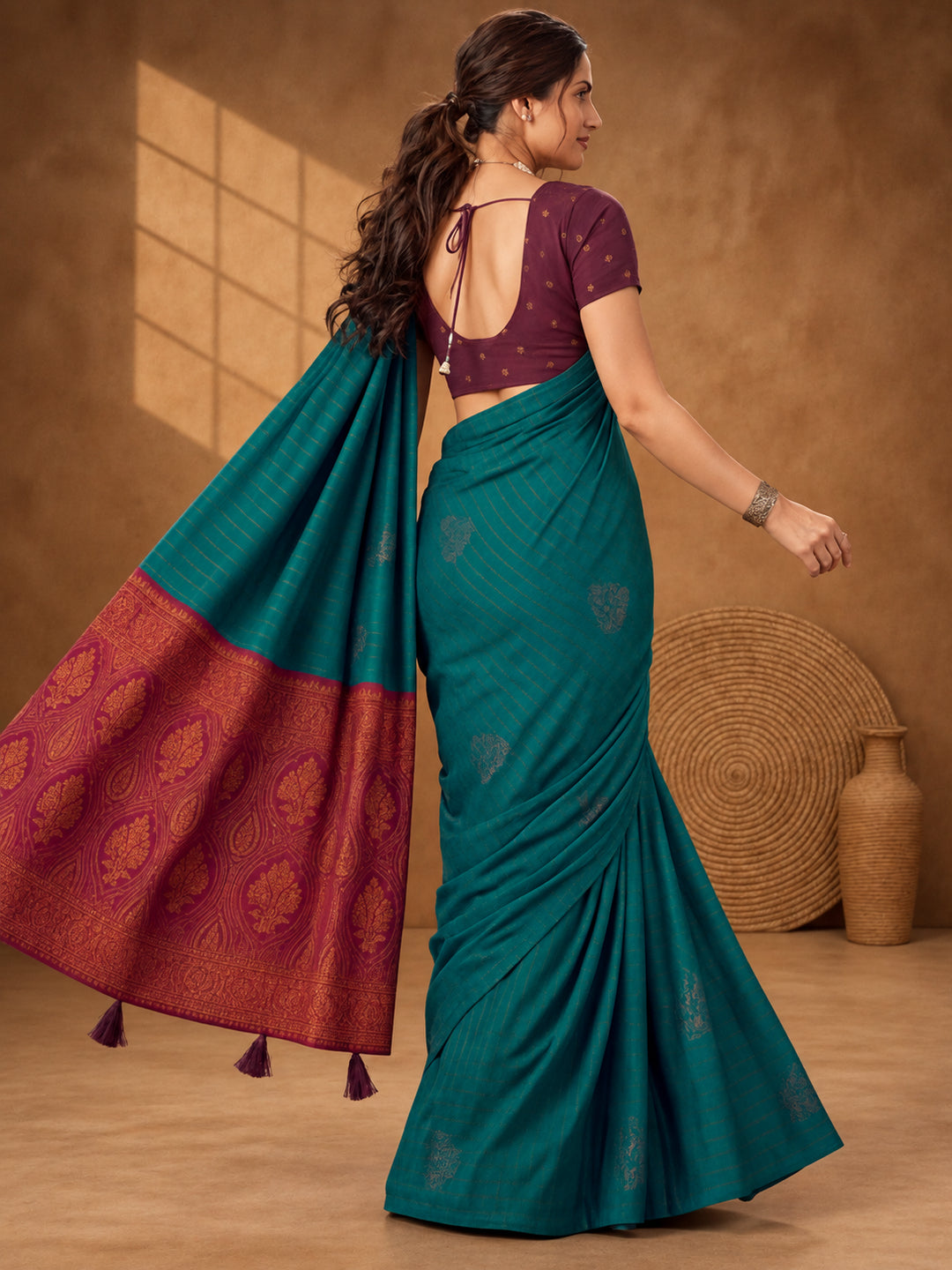 Women Green Banarasi Silk Blend Saree with Zari Butti Woven Pallu and Tassels