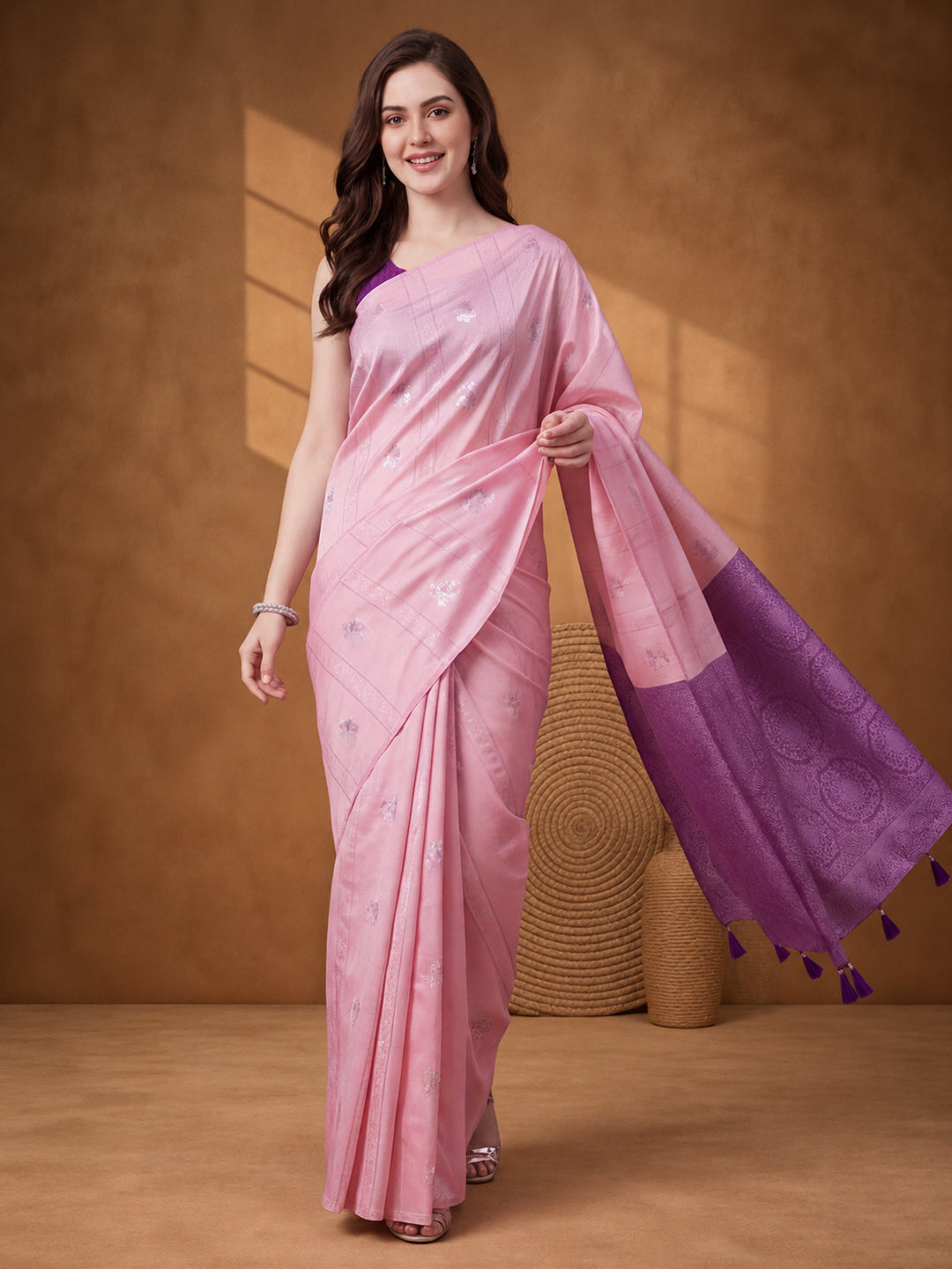 Women Pink Banarasi Silk Blend Saree with Silver Zari Butti Woven Pallu