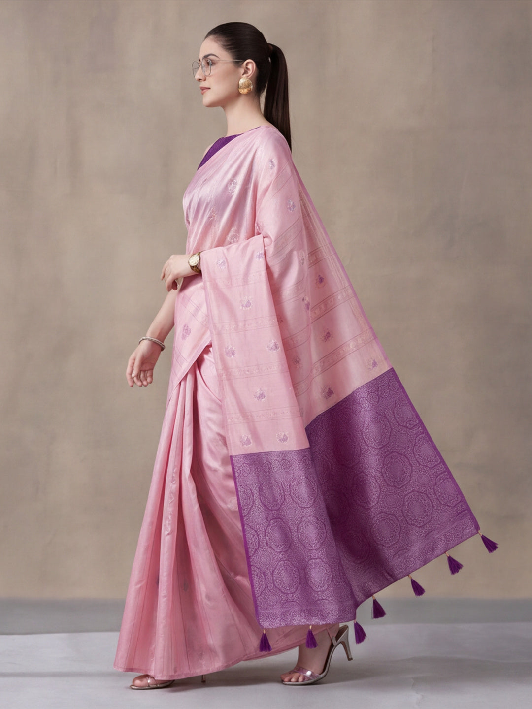 Women Pink Banarasi Silk Blend Saree with Silver Zari Butti Woven Pallu