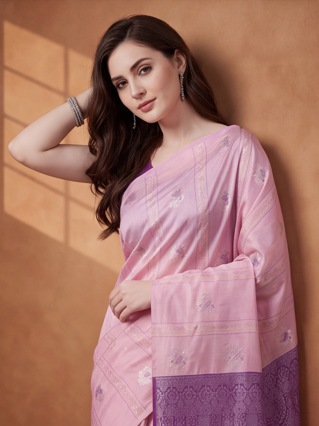 Women Pink Banarasi Silk Blend Saree with Silver Zari Butti Woven Pallu