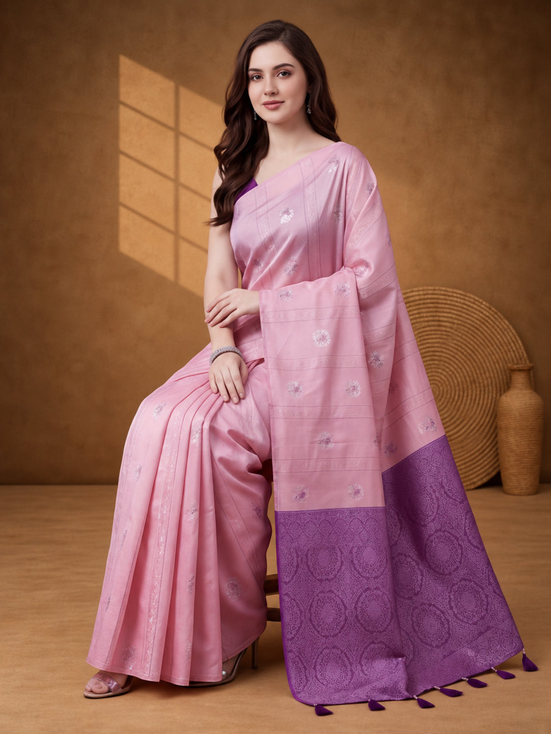 Women Pink Banarasi Silk Blend Saree with Silver Zari Butti Woven Pallu
