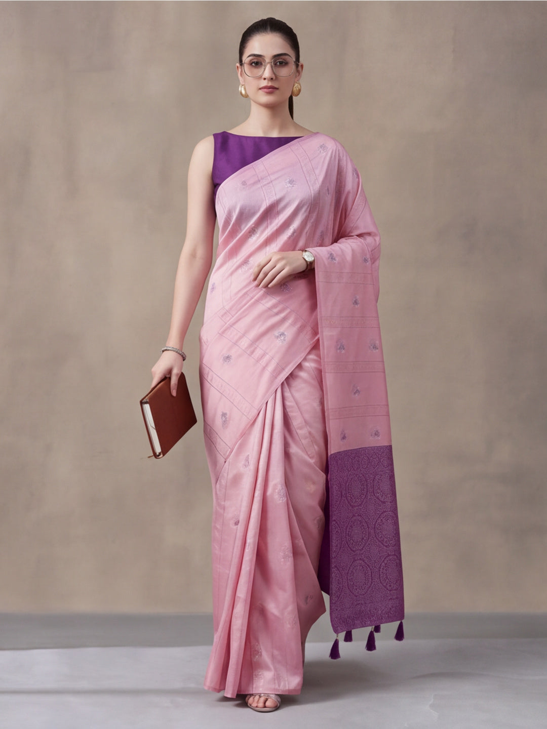 Women Pink Banarasi Silk Blend Saree with Silver Zari Butti Woven Pallu