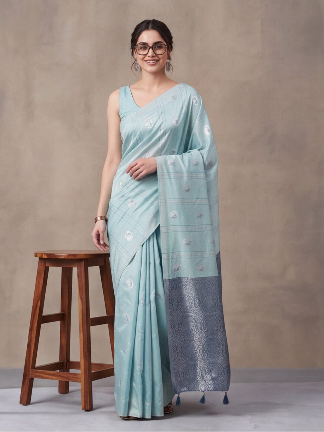 Women Blue Banarasi Silk Blend Saree with Silver Zari Butti Woven Pallu