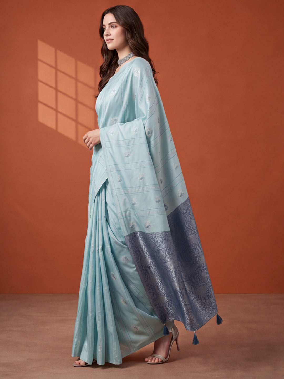 Women Blue Banarasi Silk Blend Saree with Silver Zari Butti Woven Pallu