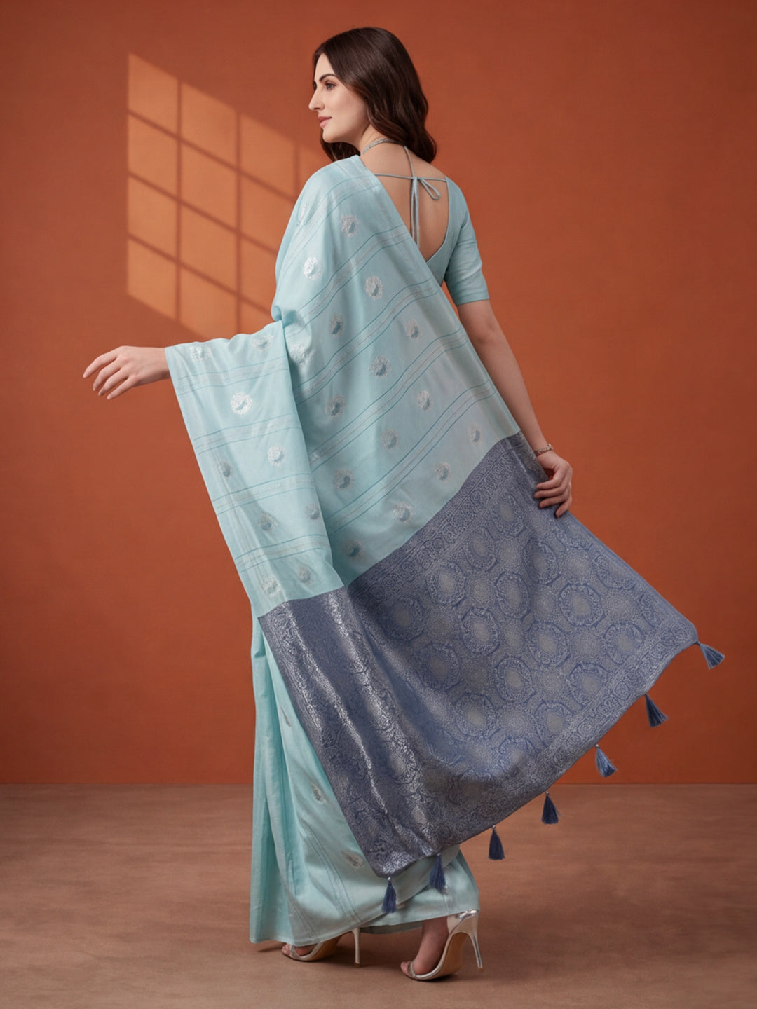 Women Blue Banarasi Silk Blend Saree with Silver Zari Butti Woven Pallu