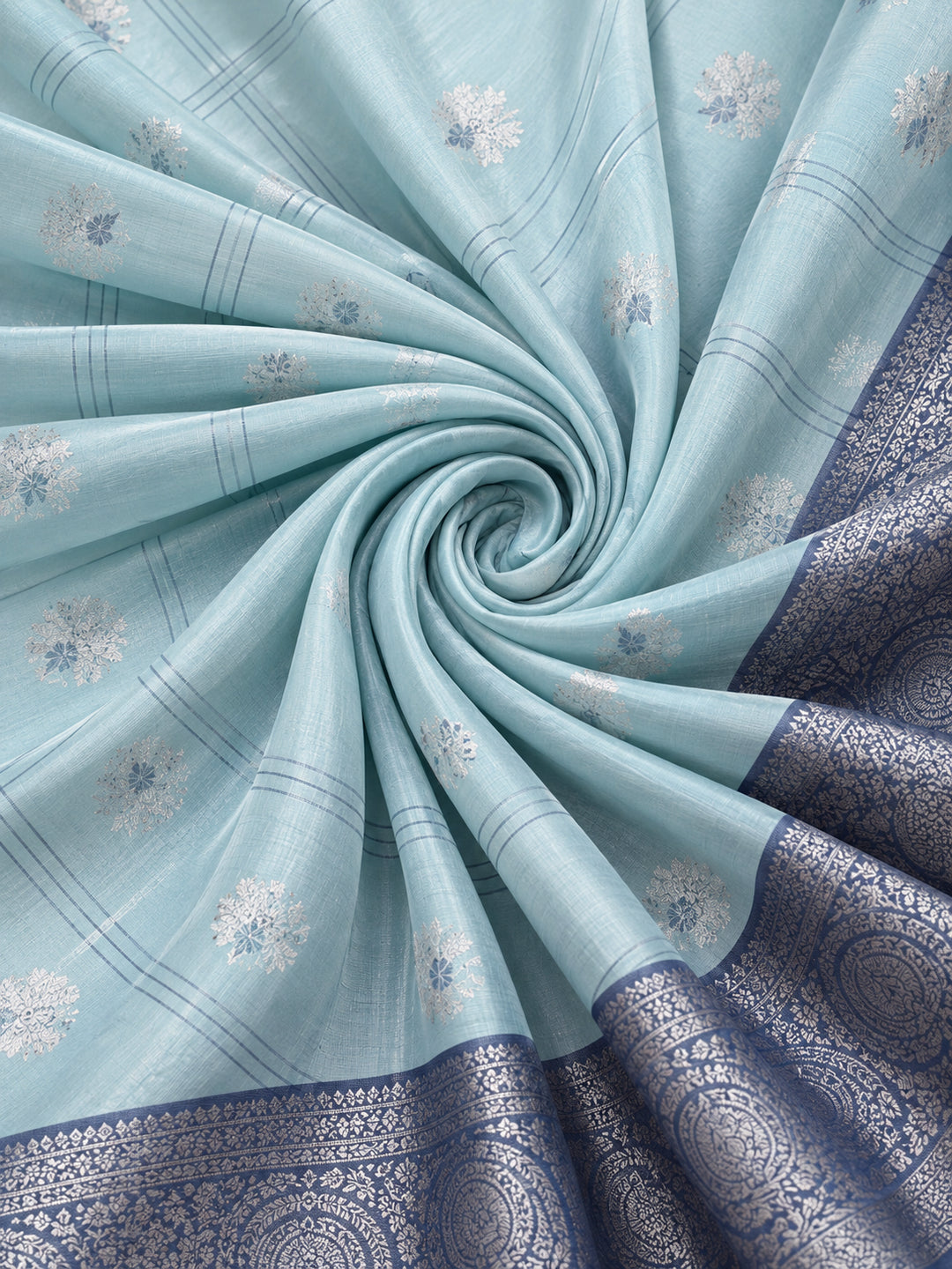 Women Blue Banarasi Silk Blend Saree with Silver Zari Butti Woven Pallu