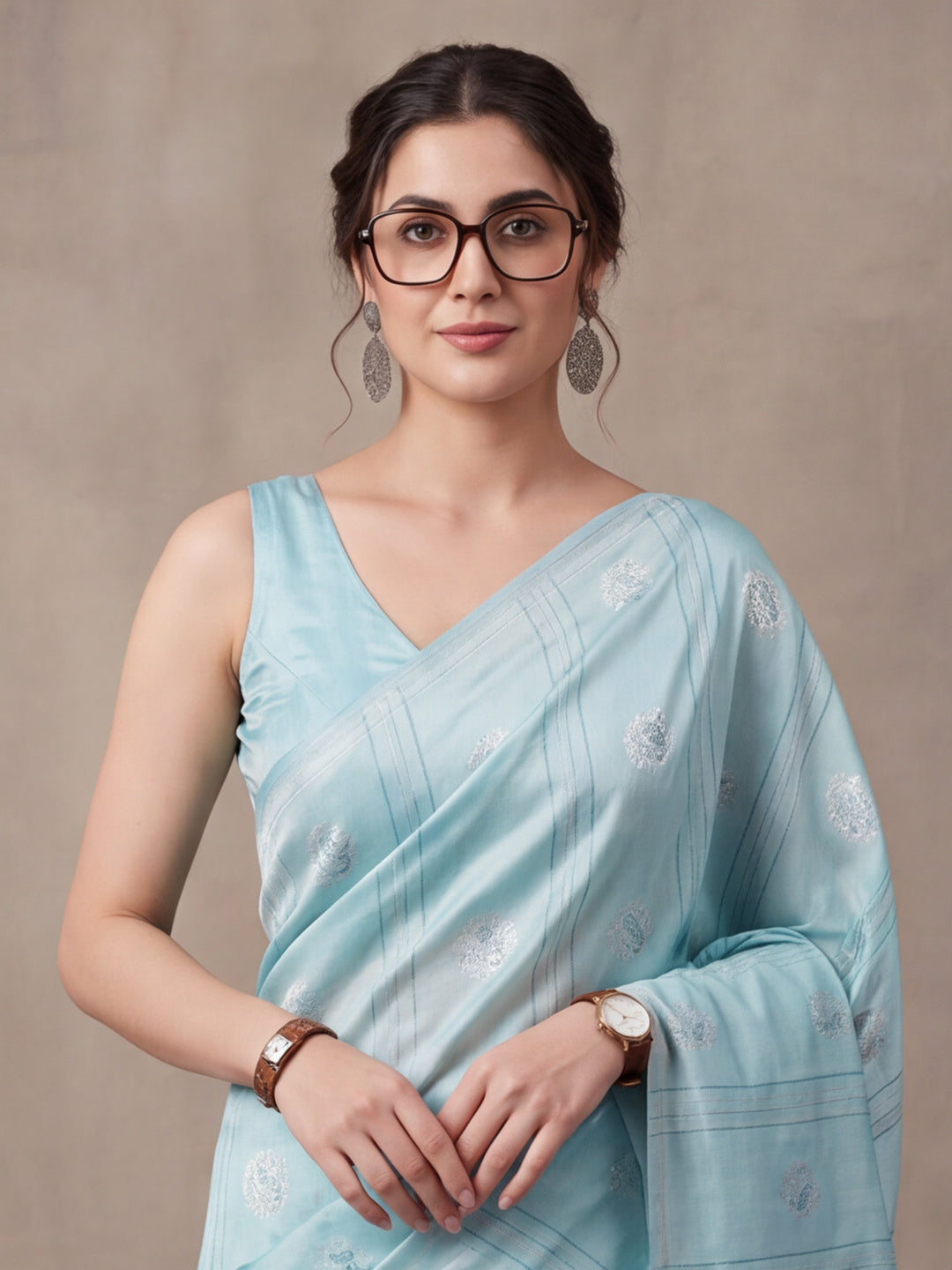Women Blue Banarasi Silk Blend Saree with Silver Zari Butti Woven Pallu