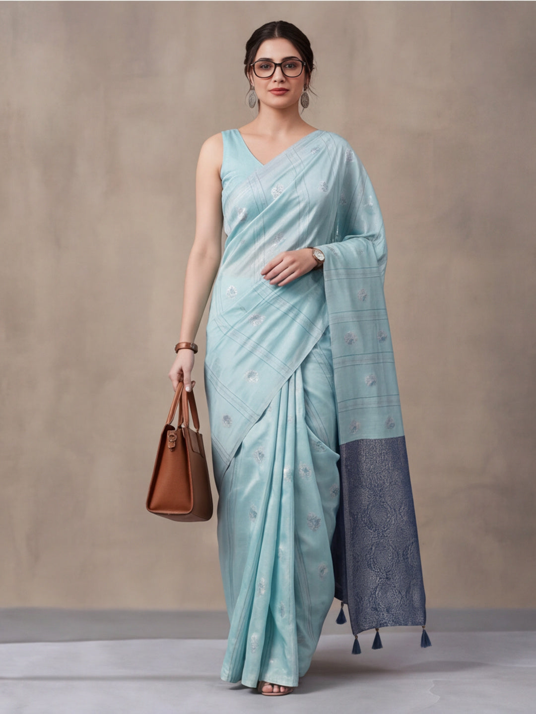 Women Blue Banarasi Silk Blend Saree with Silver Zari Butti Woven Pallu