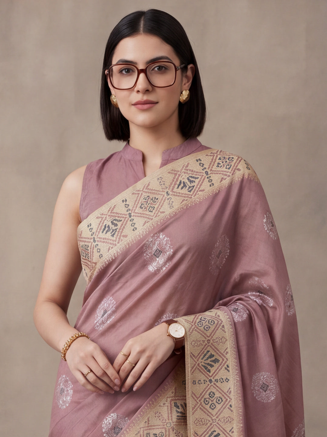 Women Mauve Banarasi Silk Blend Saree with Ethnic Woven Border and Tassel Detail