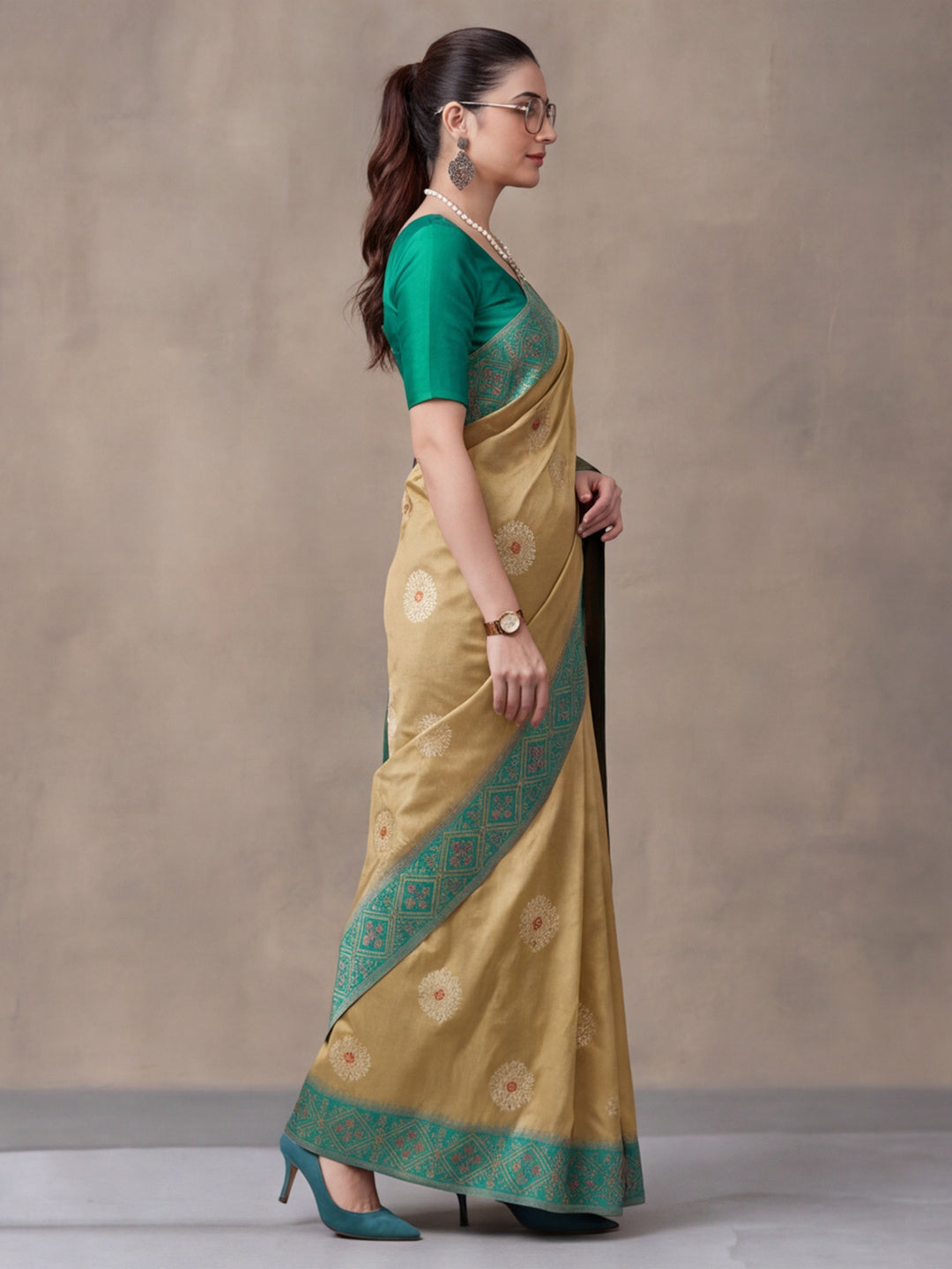 Women Beige Banarasi Silk Blend Saree with Ethnic Woven Border and Tassel Detail