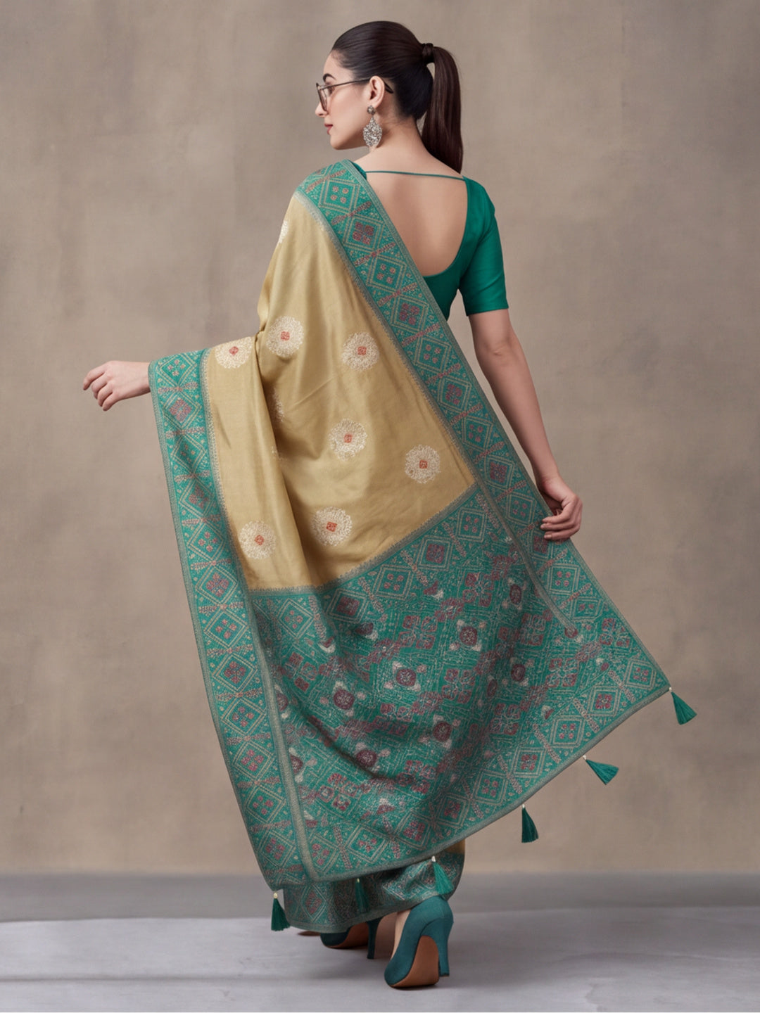 Women Beige Banarasi Silk Blend Saree with Ethnic Woven Border and Tassel Detail