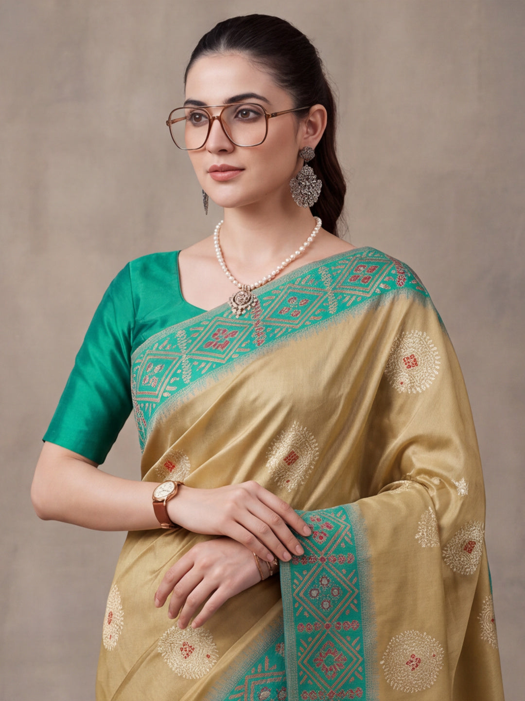 Women Beige Banarasi Silk Blend Saree with Ethnic Woven Border and Tassel Detail