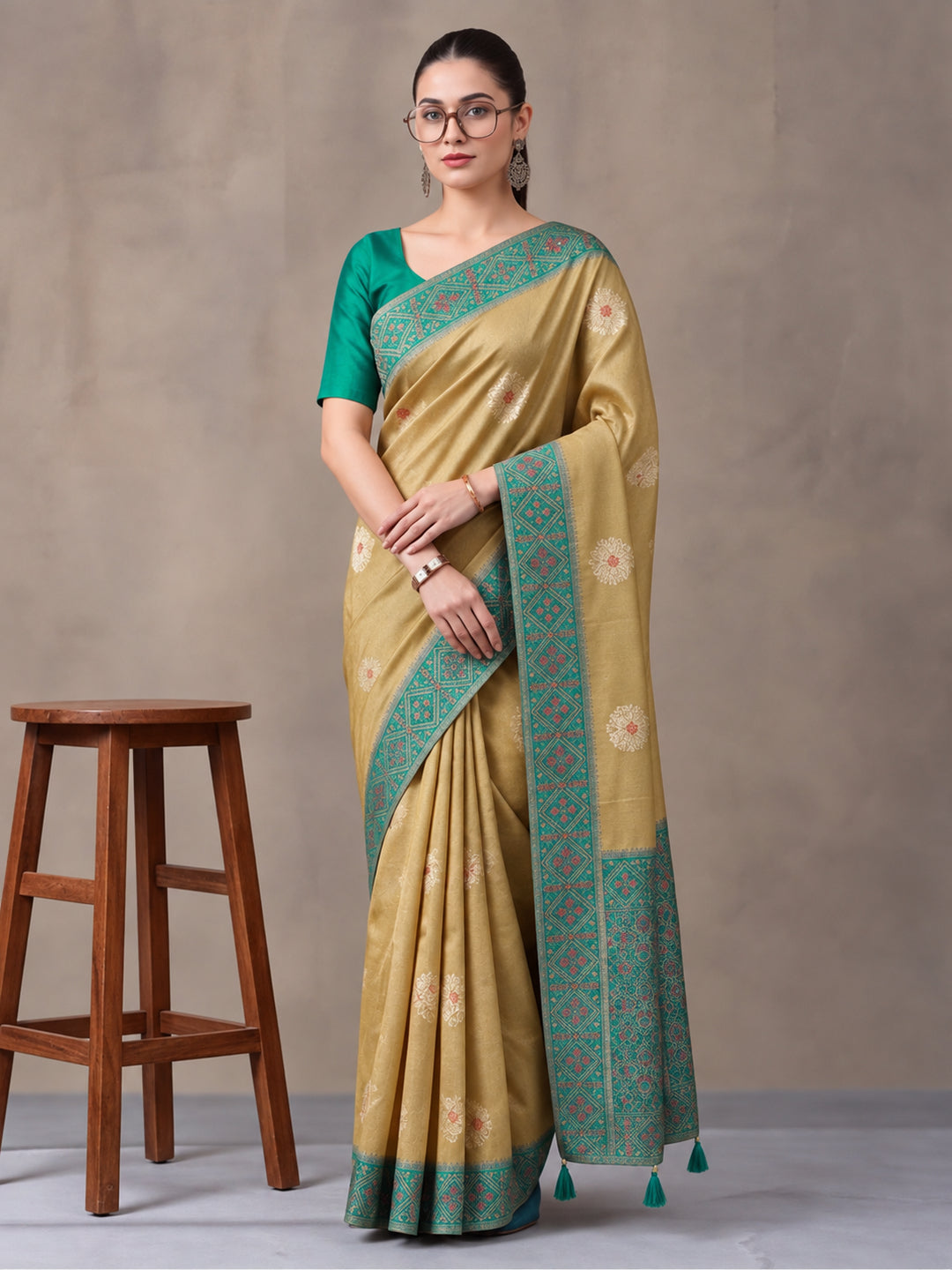 Women Beige Banarasi Silk Blend Saree with Ethnic Woven Border and Tassel Detail