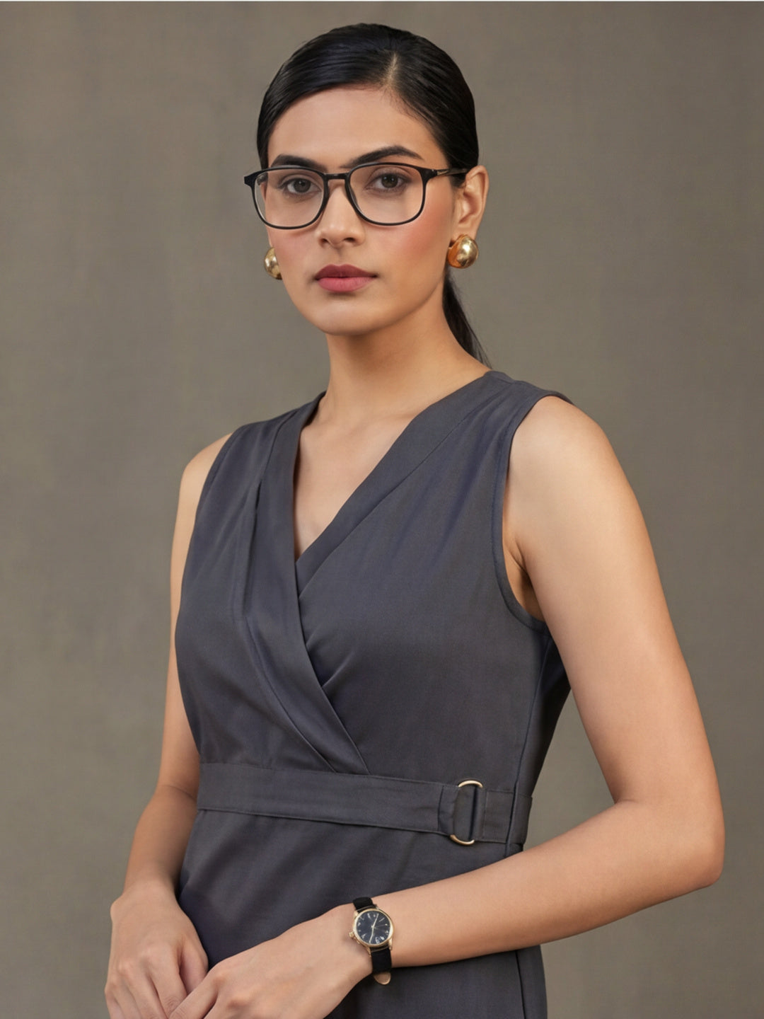 Grey Straight Fit Dress With Belt Detail