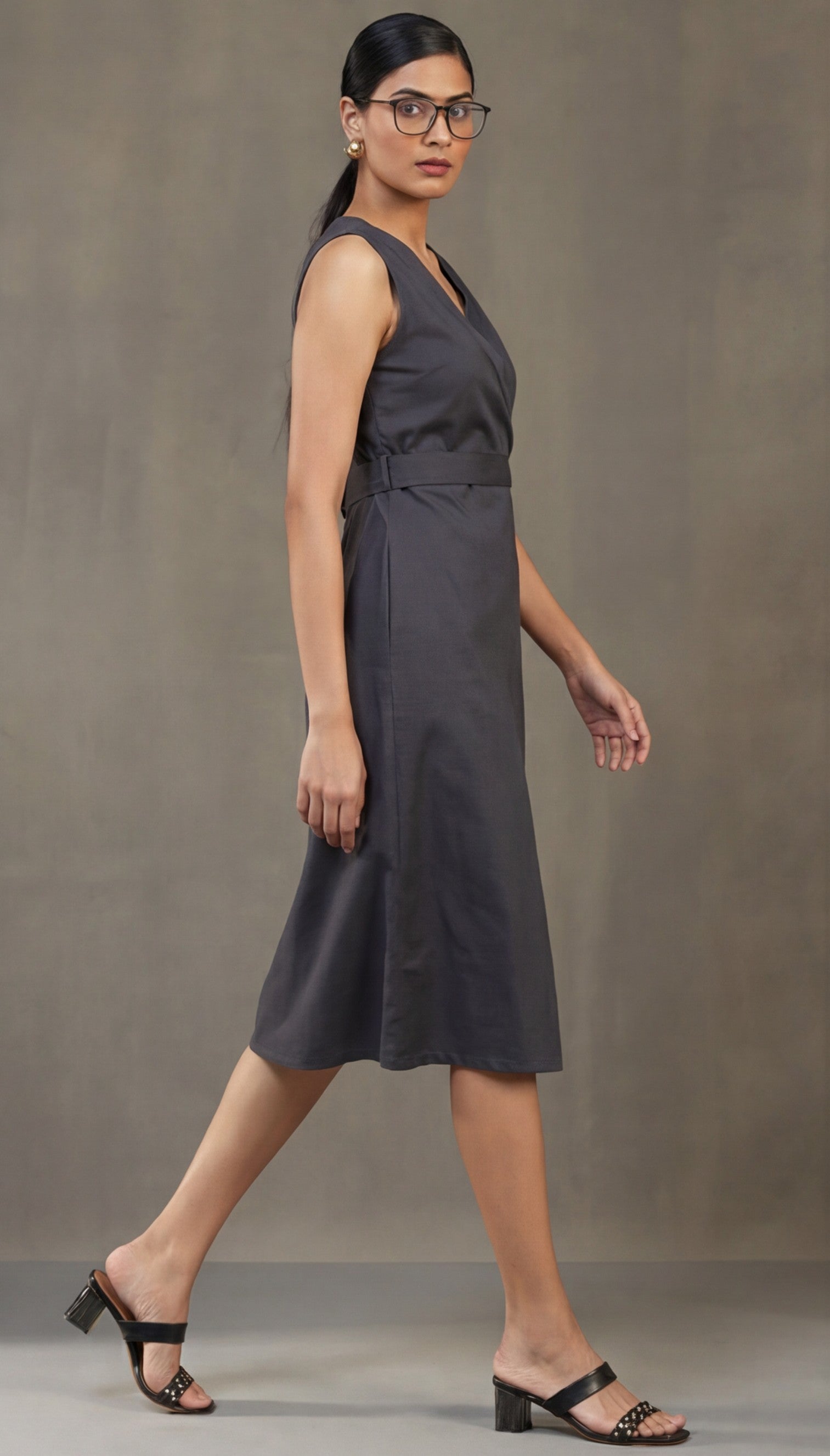 Grey Straight Fit Dress With Belt Detail