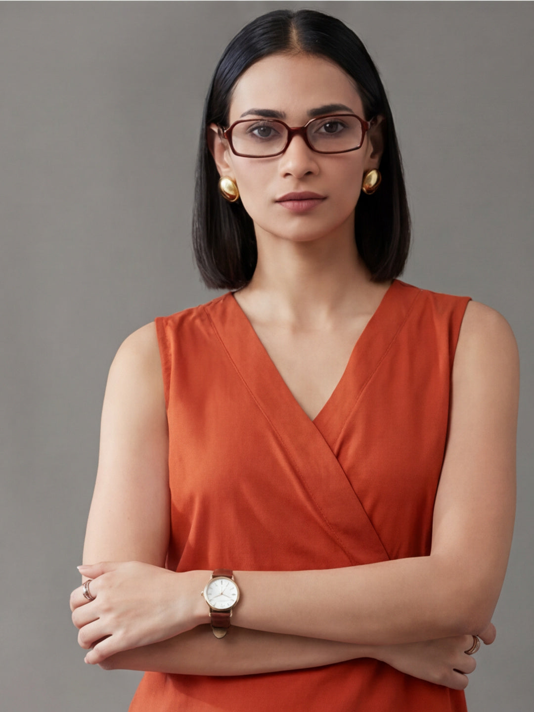 Rust Straight Fit Dress With Belt Detail