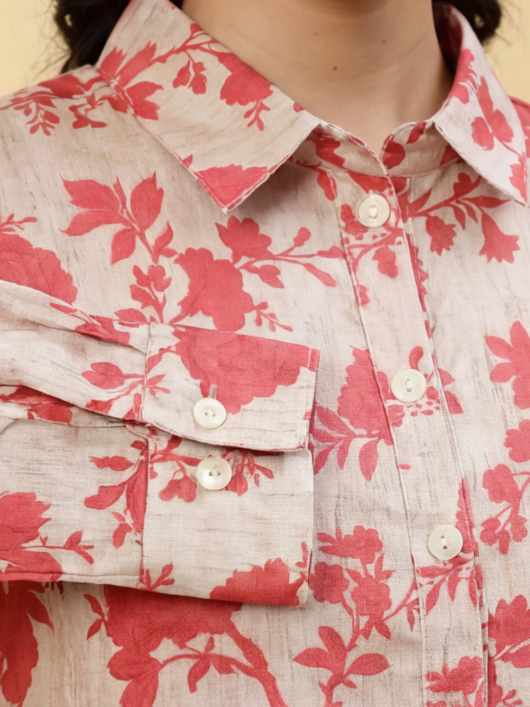 Floral Beige Collared Kurta
