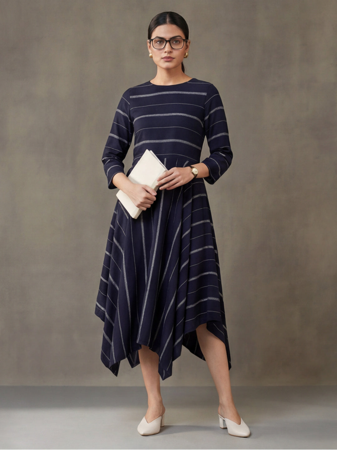 Navy Blue & Off-White Cotton Striped A-Line Dress