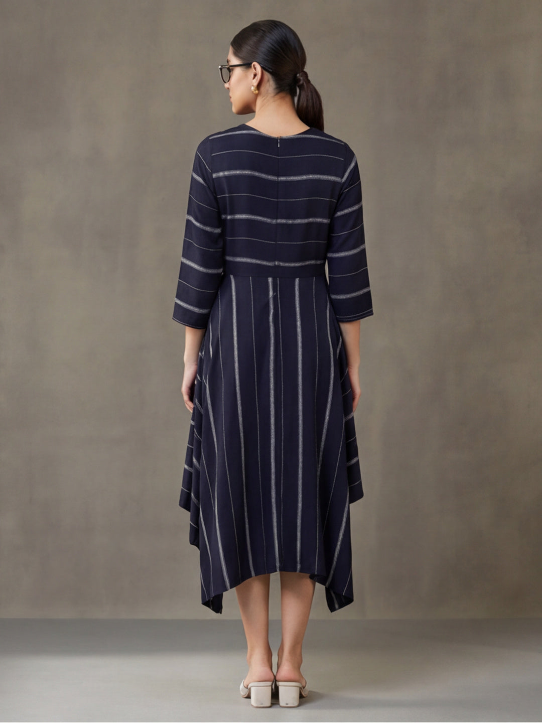 Navy Blue & Off-White Cotton Striped A-Line Dress