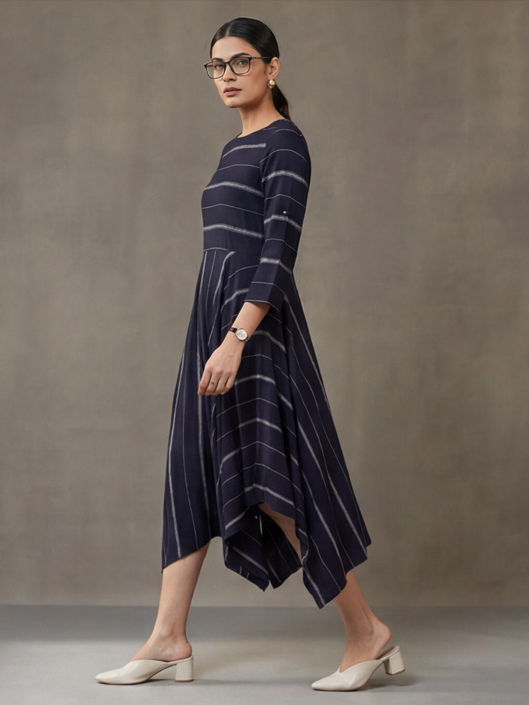 Navy Blue & Off-White Cotton Striped A-Line Dress