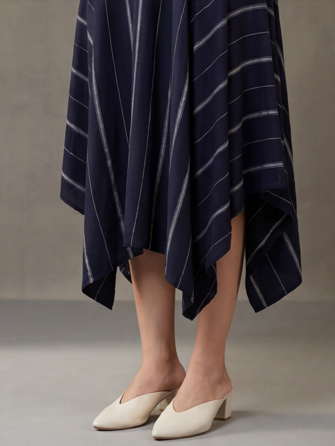 Navy Blue & Off-White Cotton Striped A-Line Dress