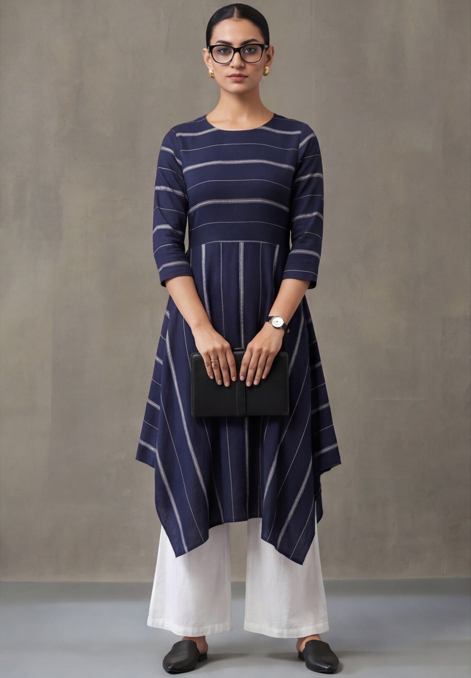 Navy Blue & Off-White Cotton Striped A-Line Kurta Sets