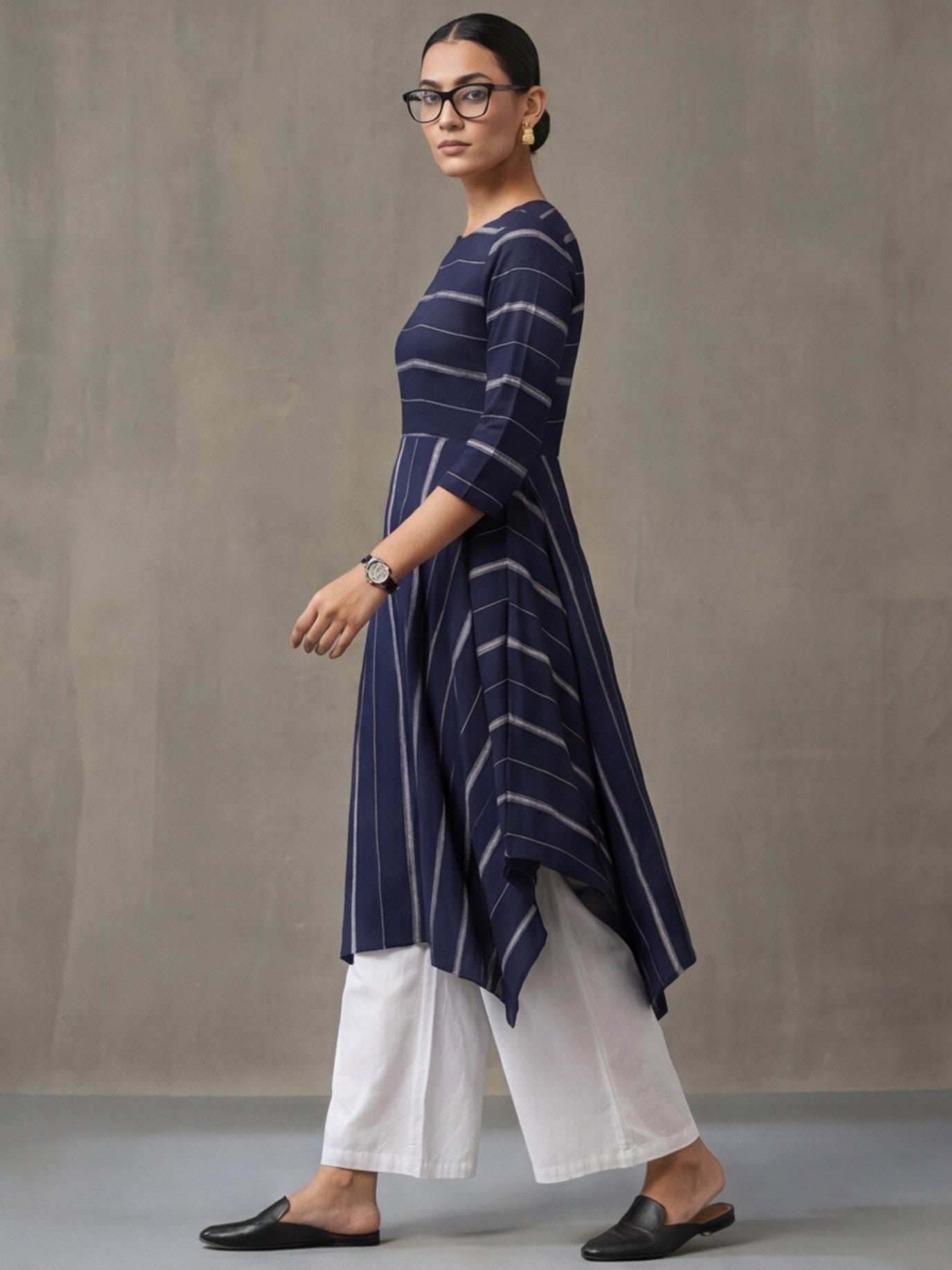 Navy Blue & Off-White Cotton Striped A-Line Kurta Sets