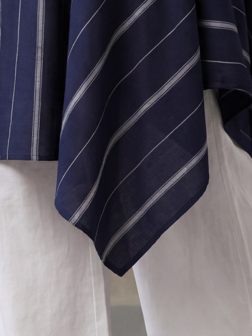 Navy Blue & Off-White Cotton Striped A-Line Kurta Sets