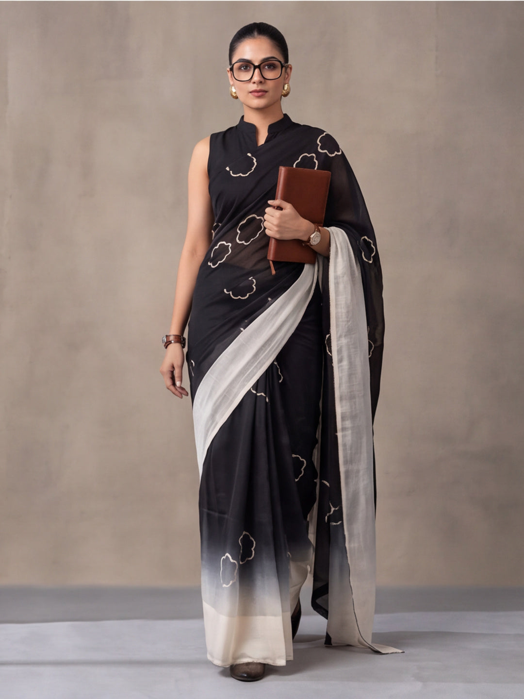 Digitally Printed Abstract & Floral Mul Cotton Saree with Contrast Blouse