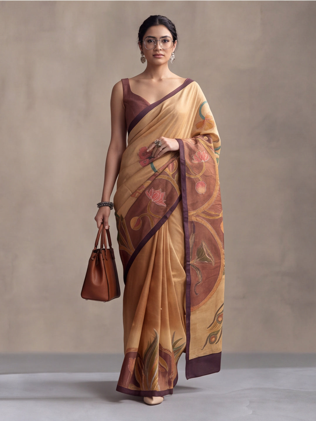 arthy Tone Digitally Printed Kantha-Look Cotton Saree with Contrast Border