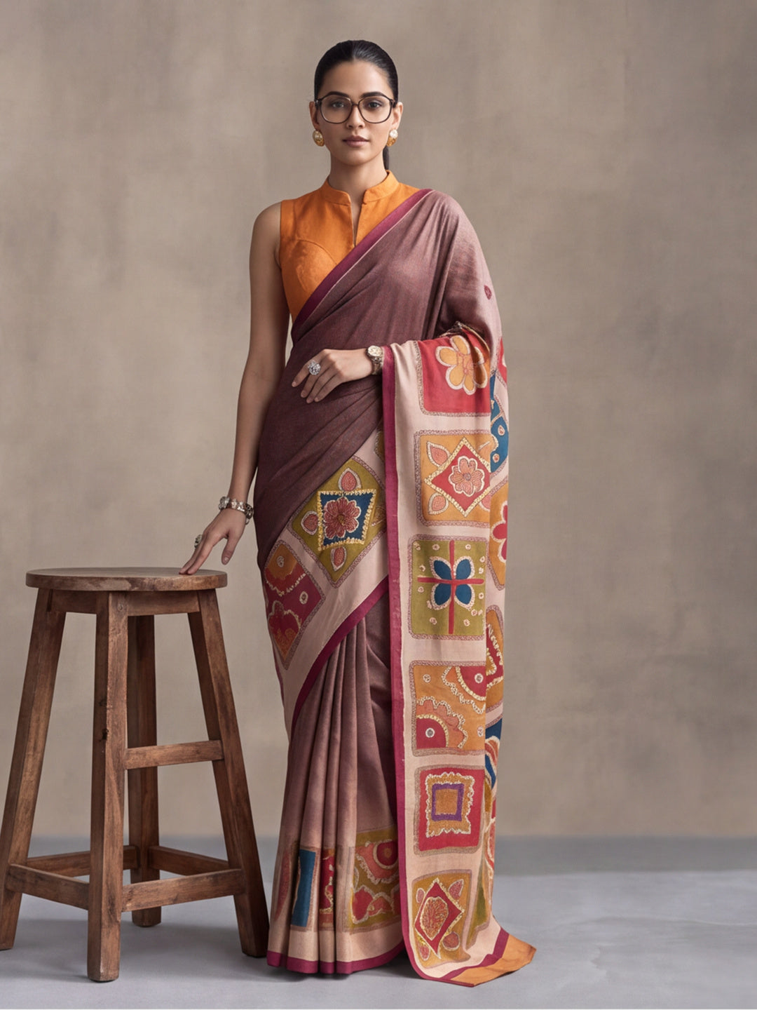 arthy Tone Digitally Printed Kantha-Look Cotton Saree with Contrast Border
