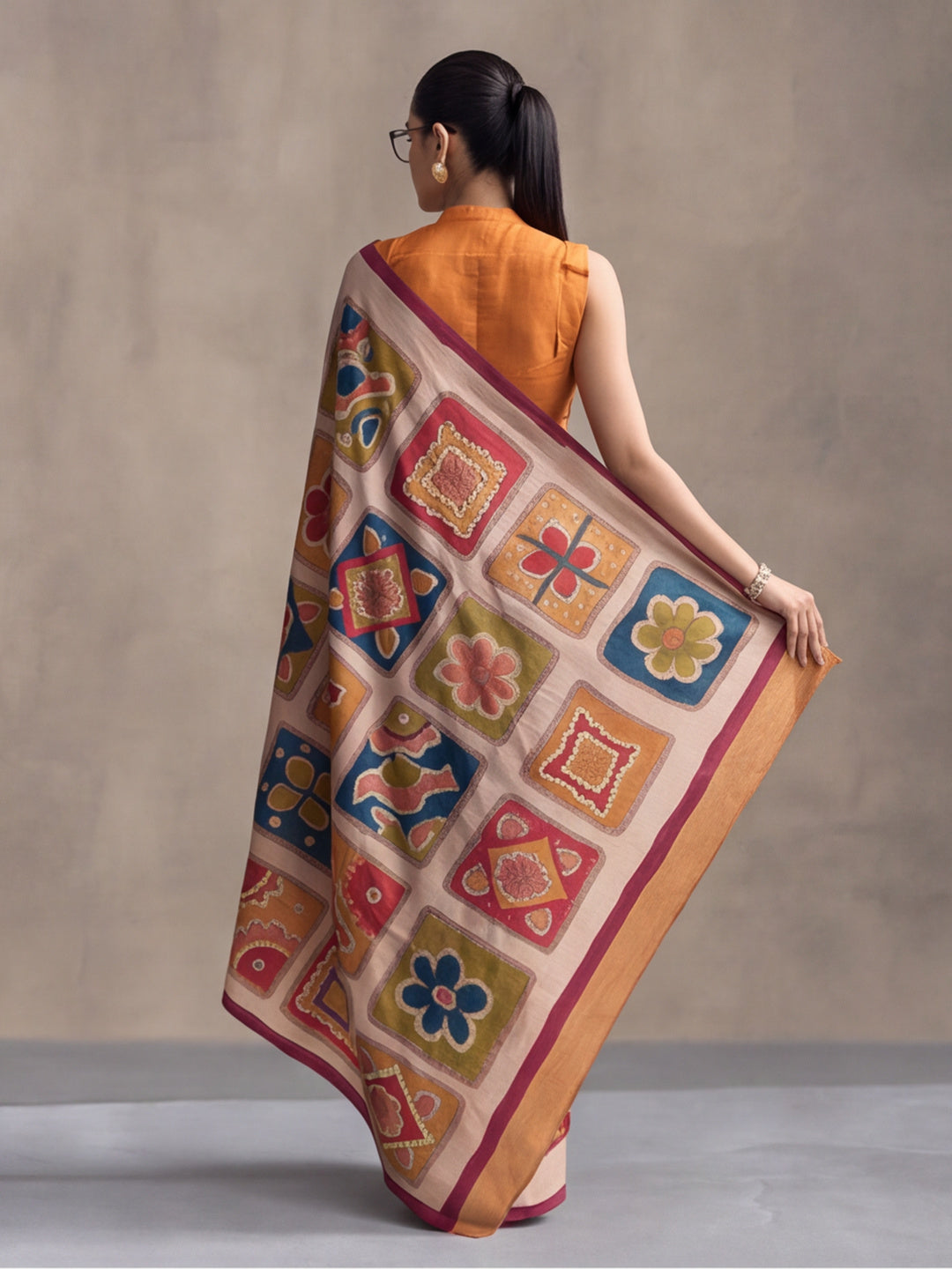 arthy Tone Digitally Printed Kantha-Look Cotton Saree with Contrast Border