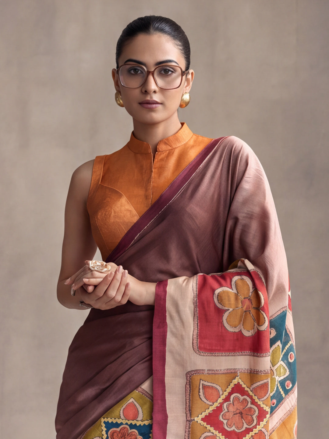 arthy Tone Digitally Printed Kantha-Look Cotton Saree with Contrast Border