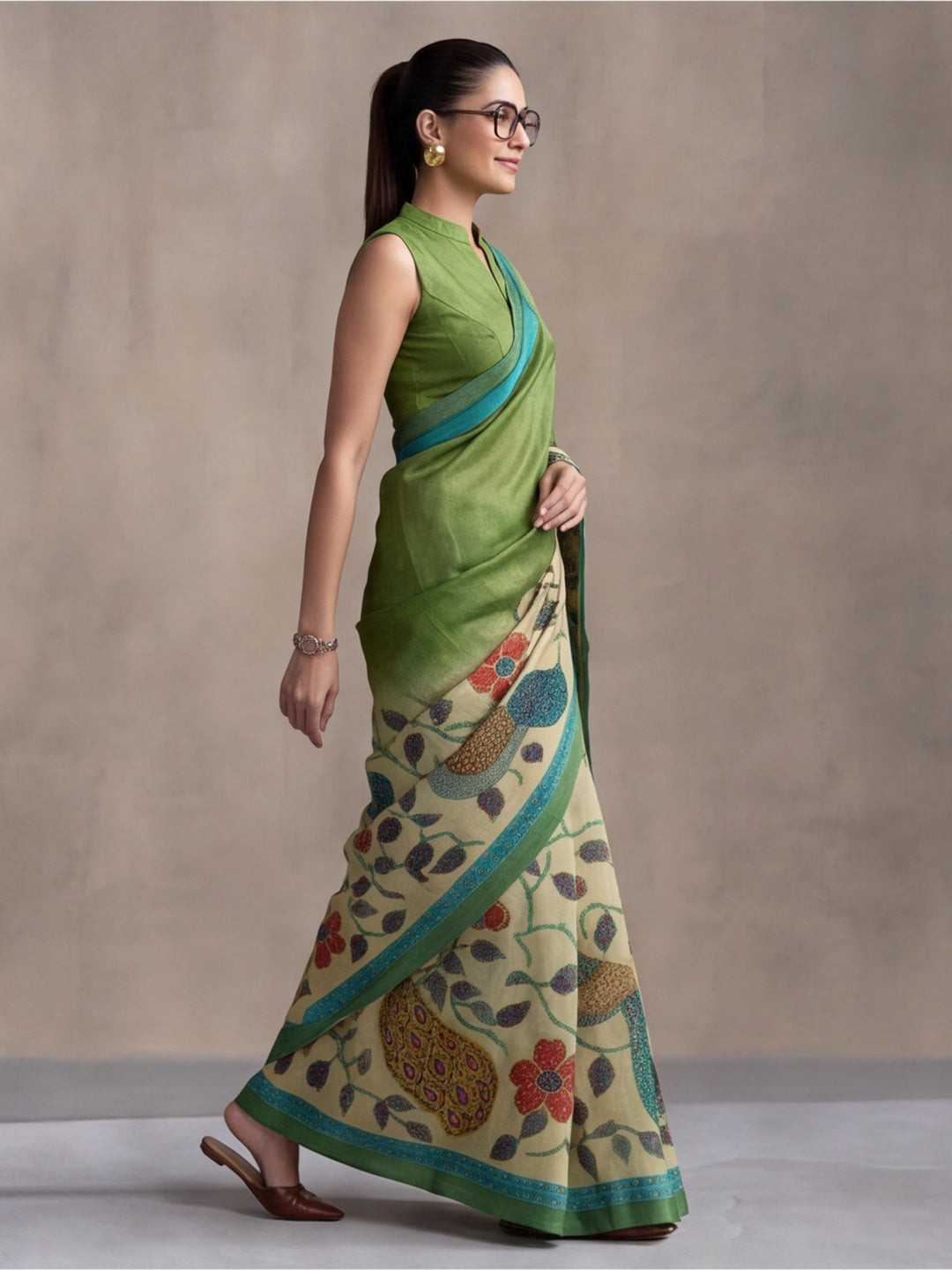 arthy Tone Digitally Printed Kantha-Look Cotton Saree with Contrast Border