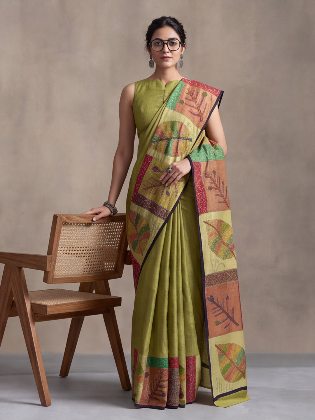 arthy Tone Digitally Printed Kantha-Look Cotton Saree with Contrast Border