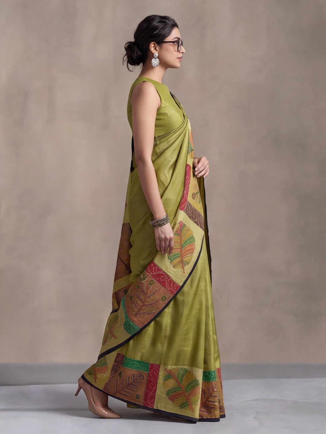 arthy Tone Digitally Printed Kantha-Look Cotton Saree with Contrast Border