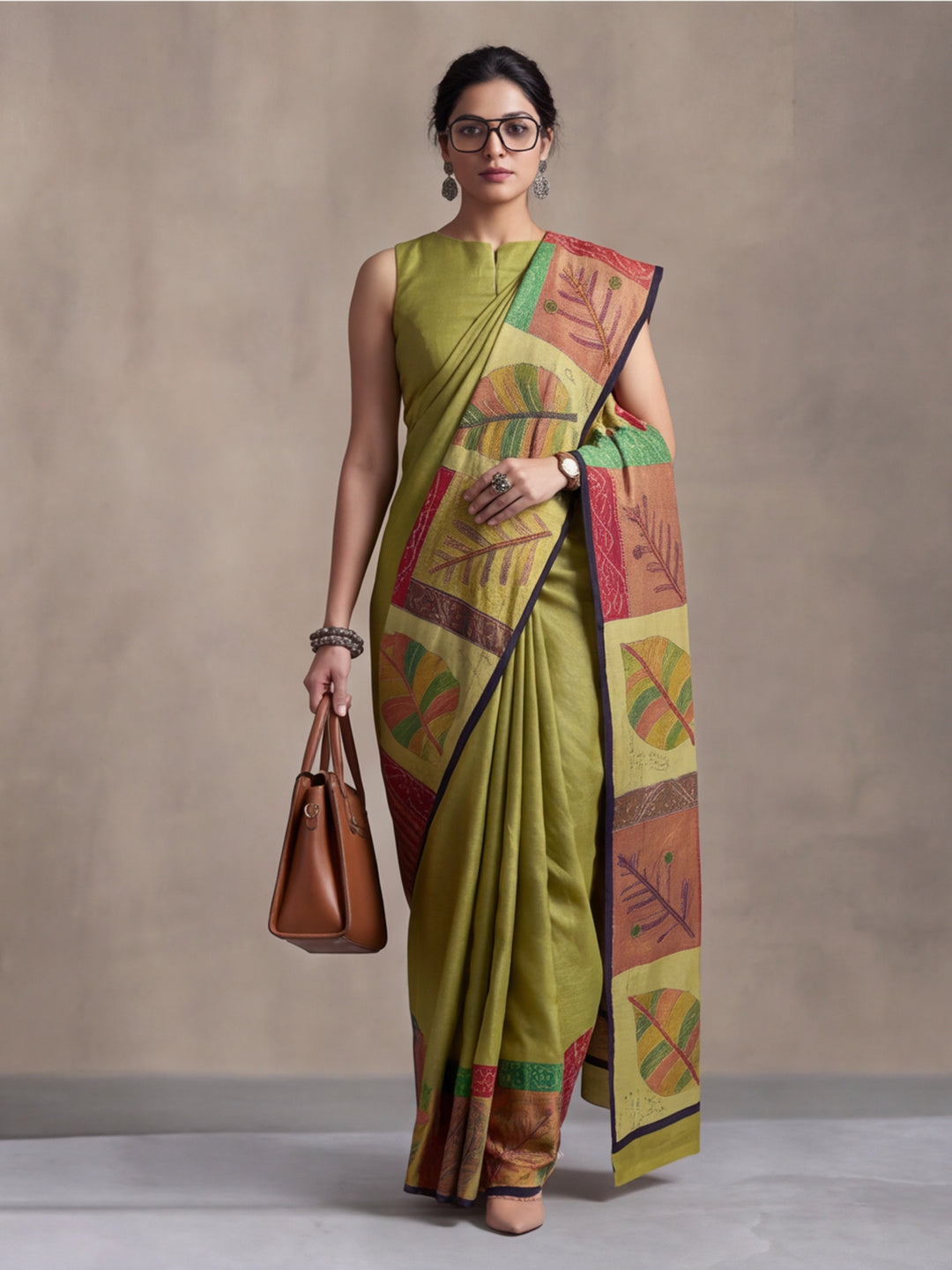 arthy Tone Digitally Printed Kantha-Look Cotton Saree with Contrast Border