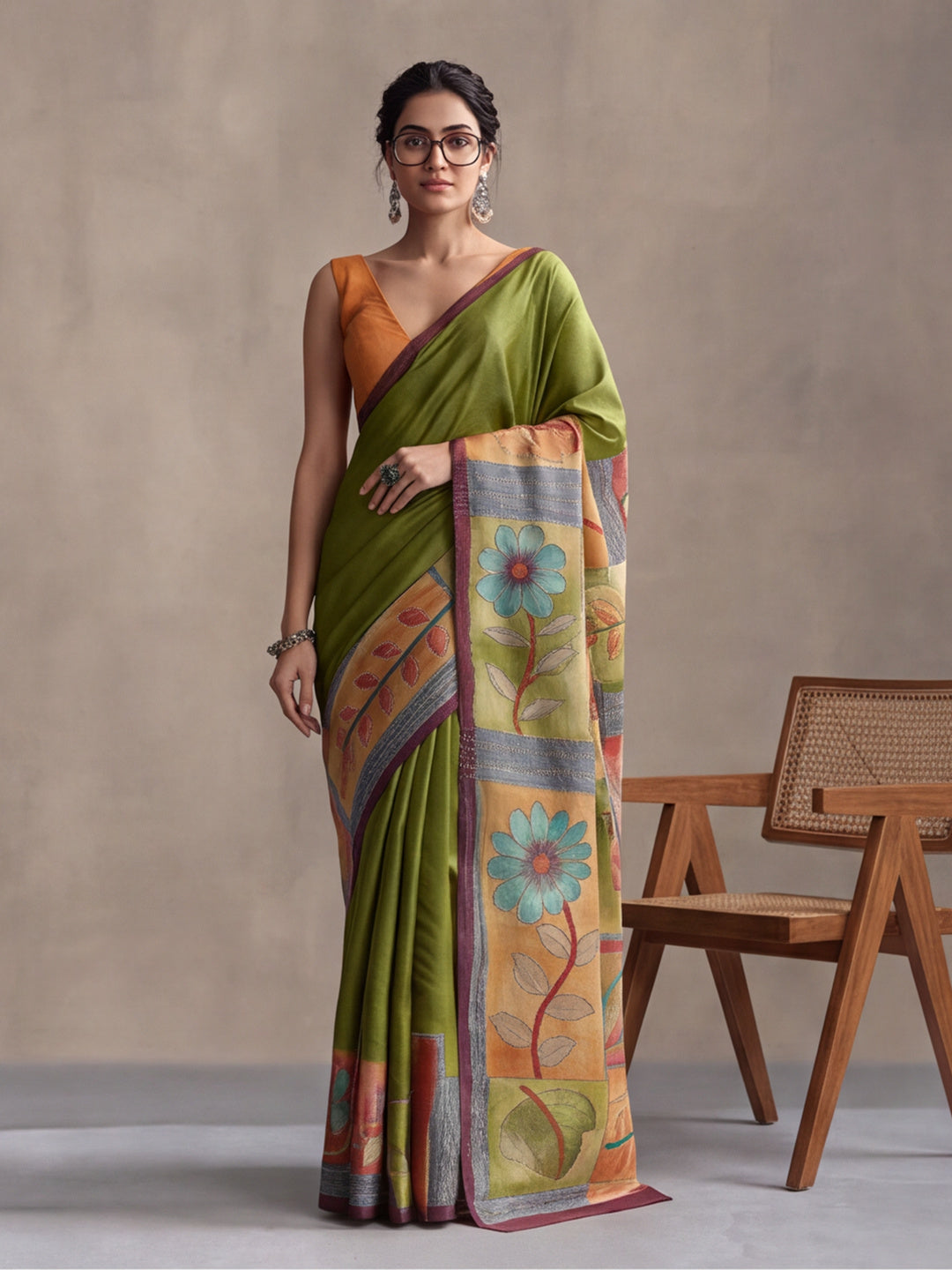 arthy Tone Digitally Printed Kantha-Look Cotton Saree with Contrast Border