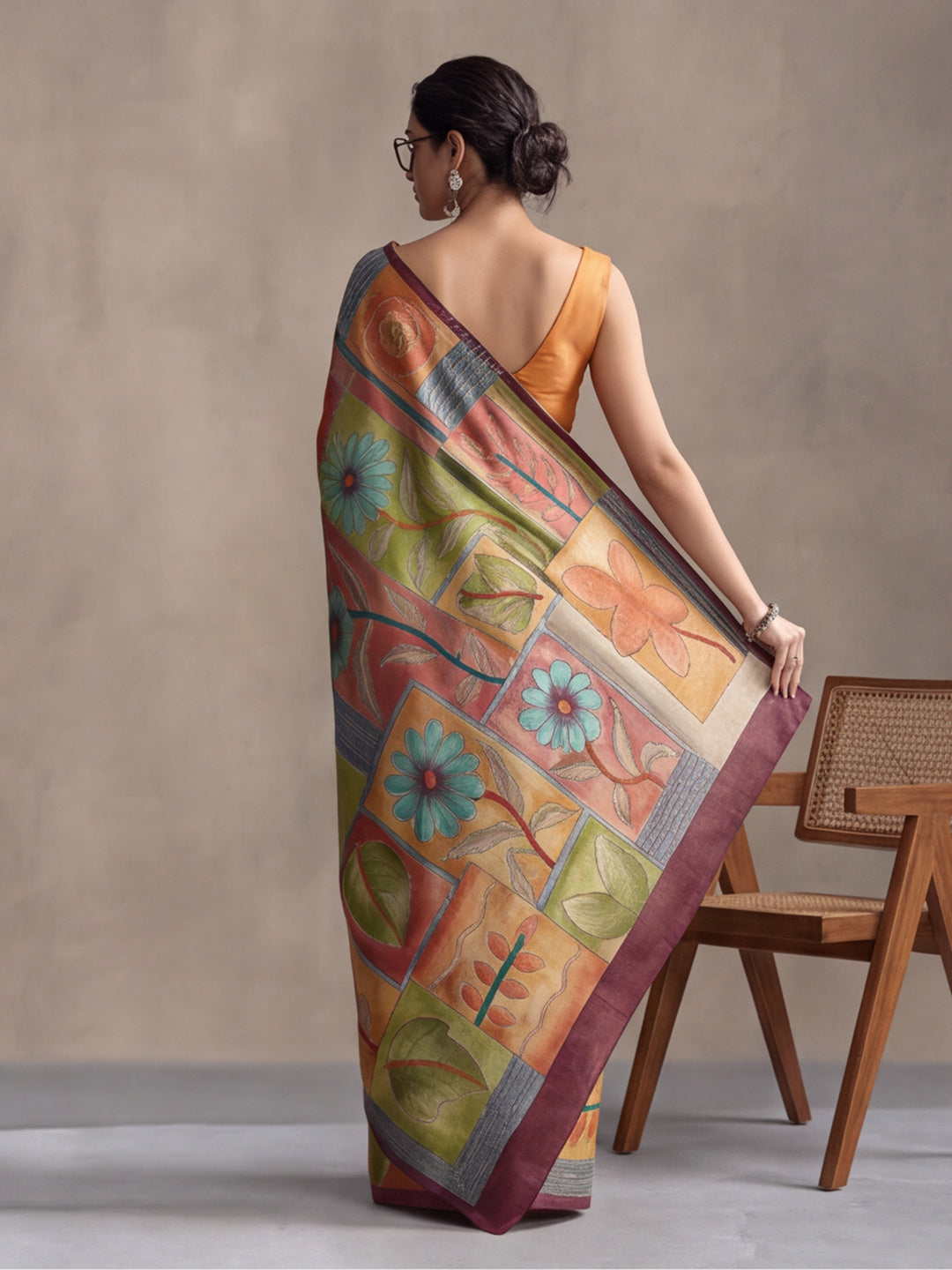 arthy Tone Digitally Printed Kantha-Look Cotton Saree with Contrast Border