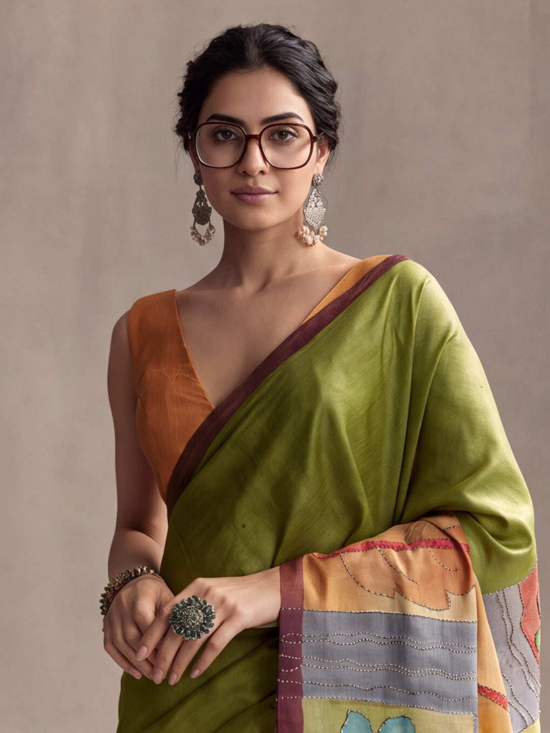 arthy Tone Digitally Printed Kantha-Look Cotton Saree with Contrast Border