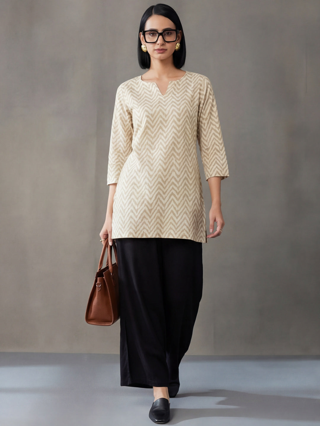 Women Printed Round Neck Fancy Tunic Top with Full Sleeves