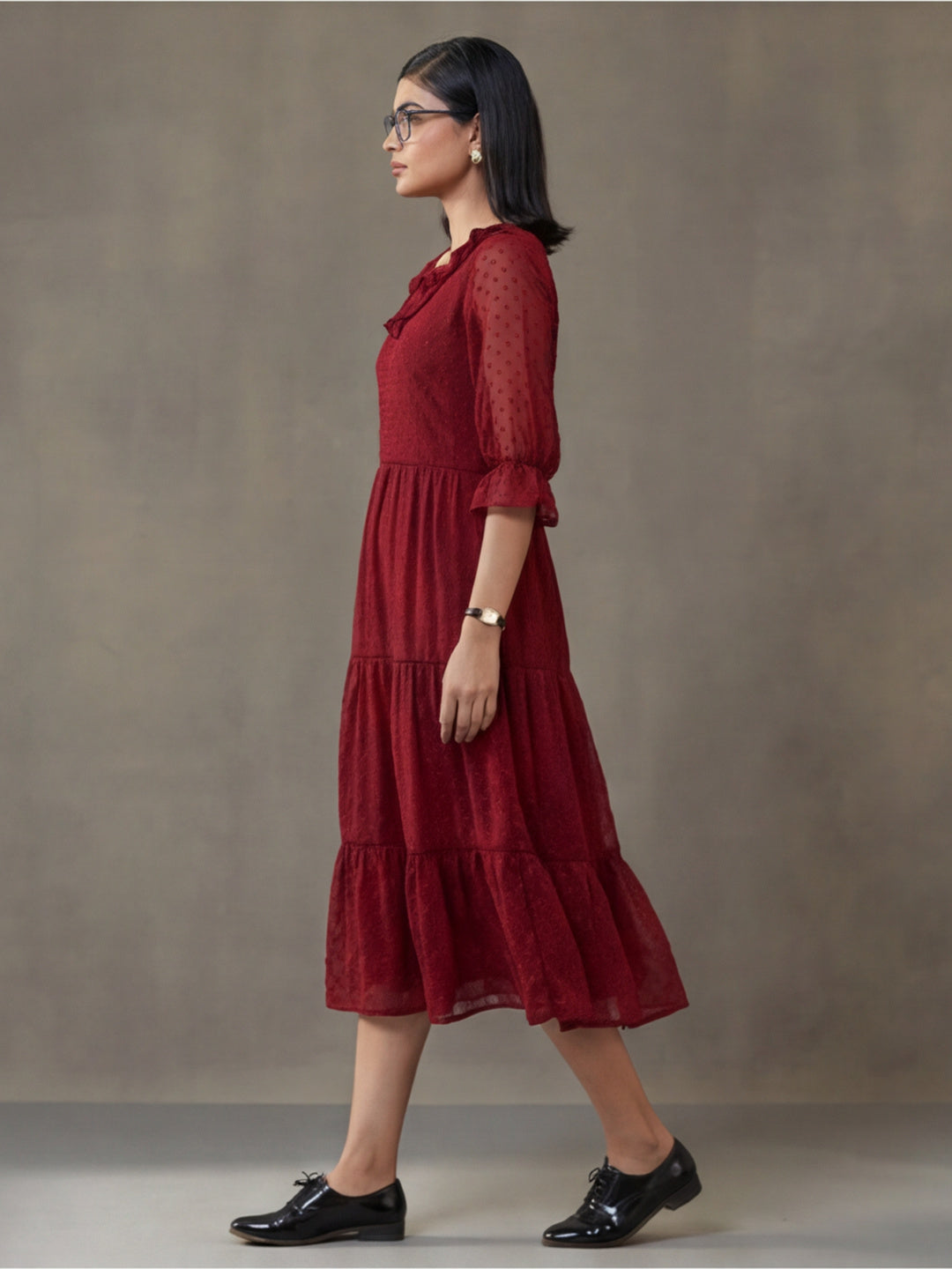 Red Color Polka Self Weave Georgette Tiered Lace Inserted Dress