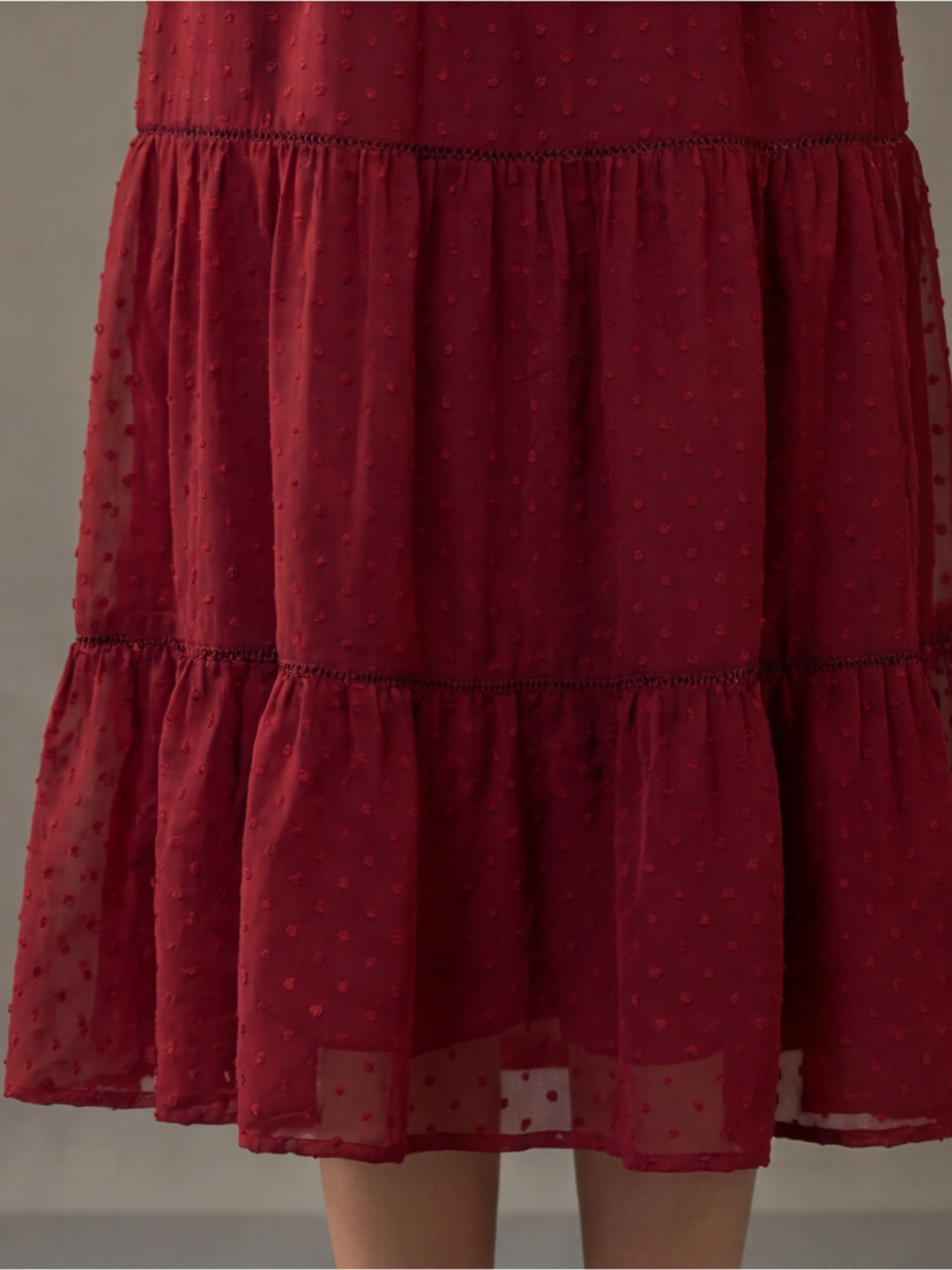 Red Color Polka Self Weave Georgette Tiered Lace Inserted Dress