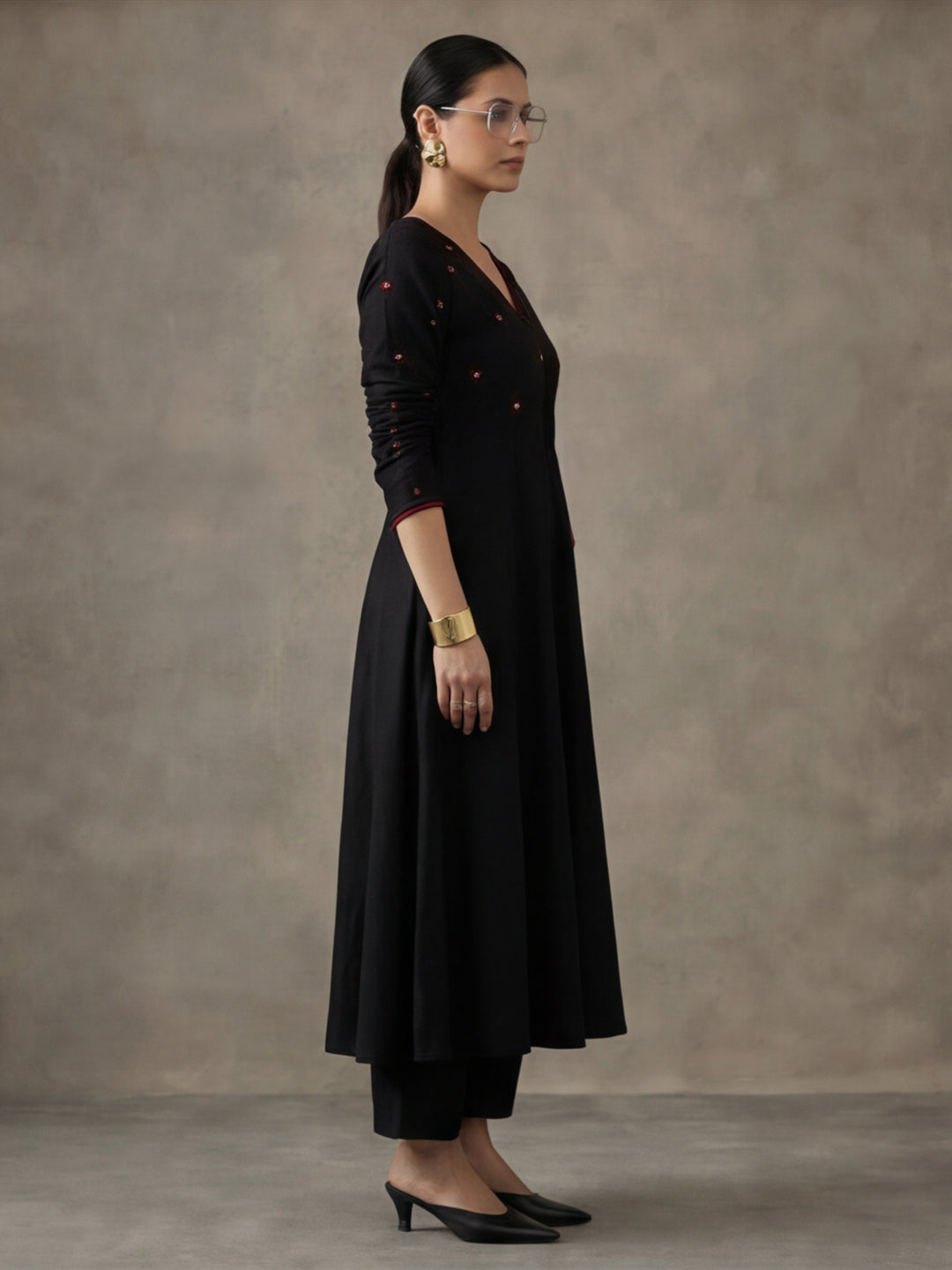 Women Black Angrakha Style Cotton Flared Kurta with Palazzos