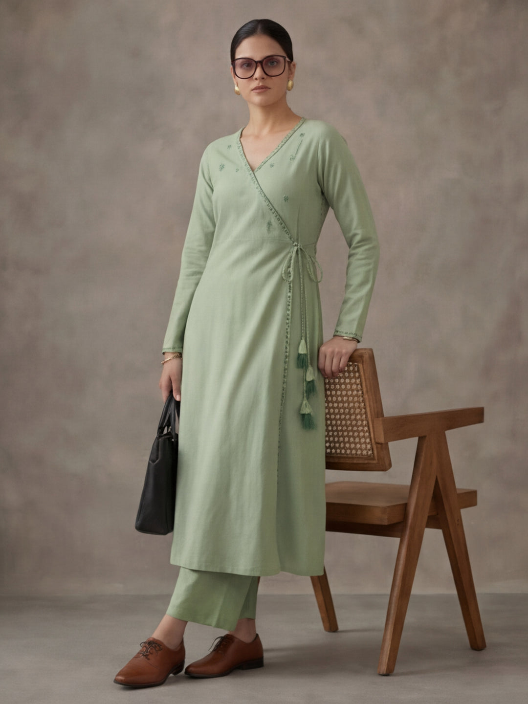 Women Light Green Angrakha Style Cotton Flared Kurta with Palazzos