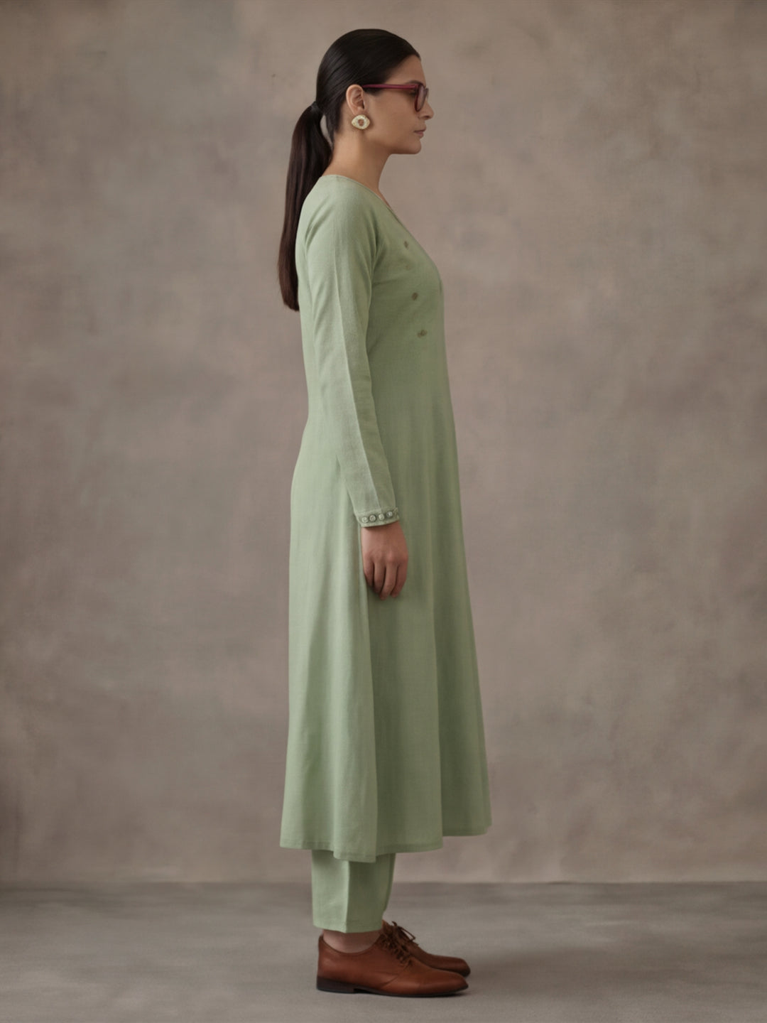 Women Light Green Angrakha Style Cotton Flared Kurta with Palazzos