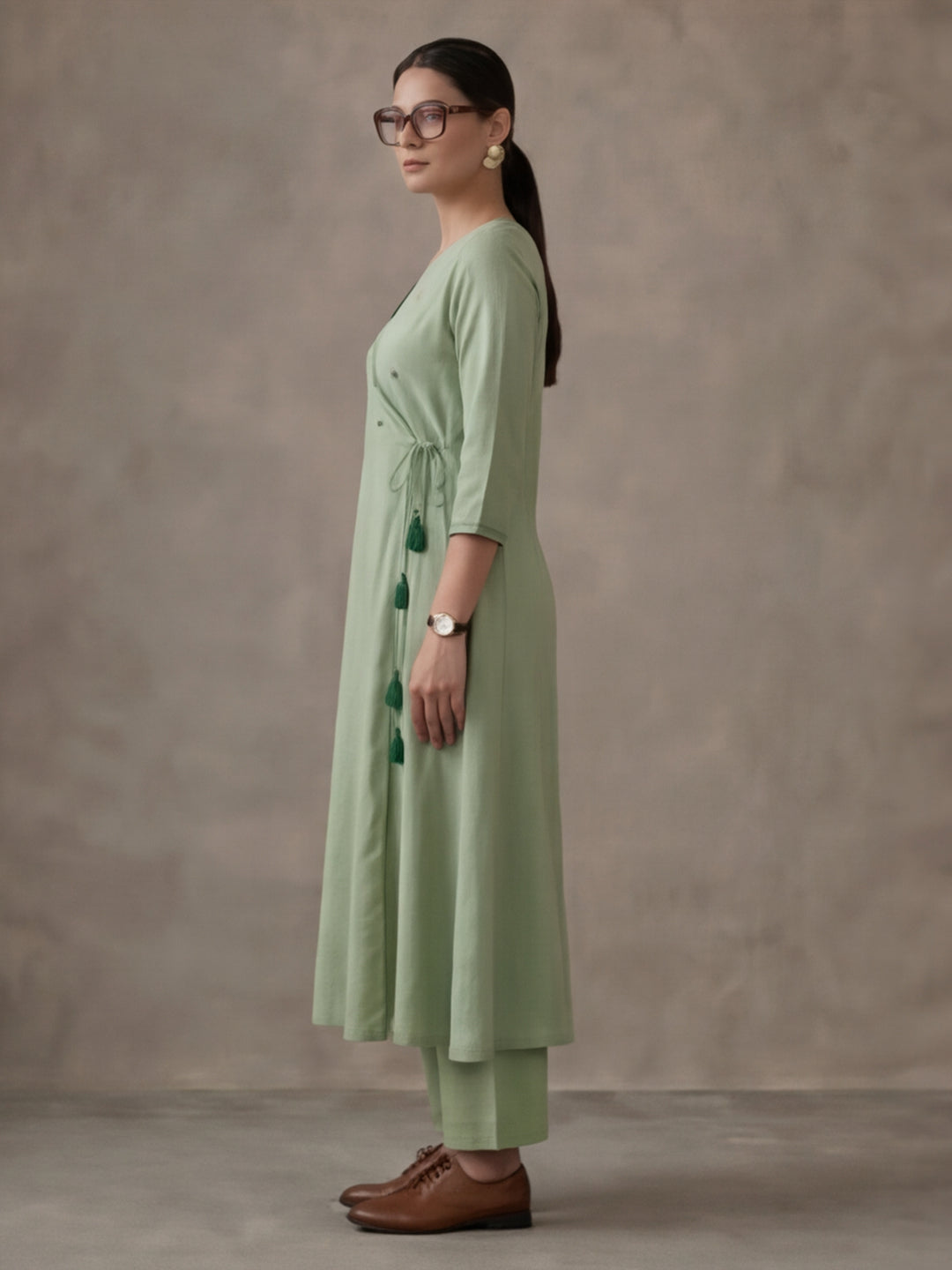 Women Light Green Angrakha Style Cotton Flared Kurta with Palazzos