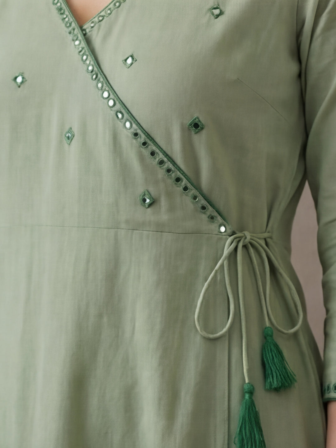 Women Light Green Angrakha Style Cotton Flared Kurta with Palazzos
