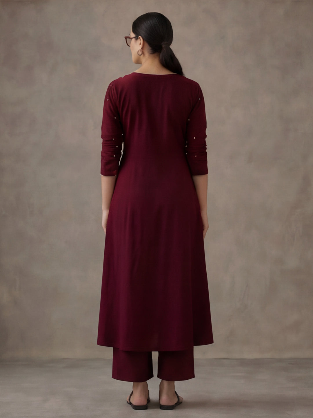 Women Maroon Angrakha Style Cotton Flared Kurta with Palazzos